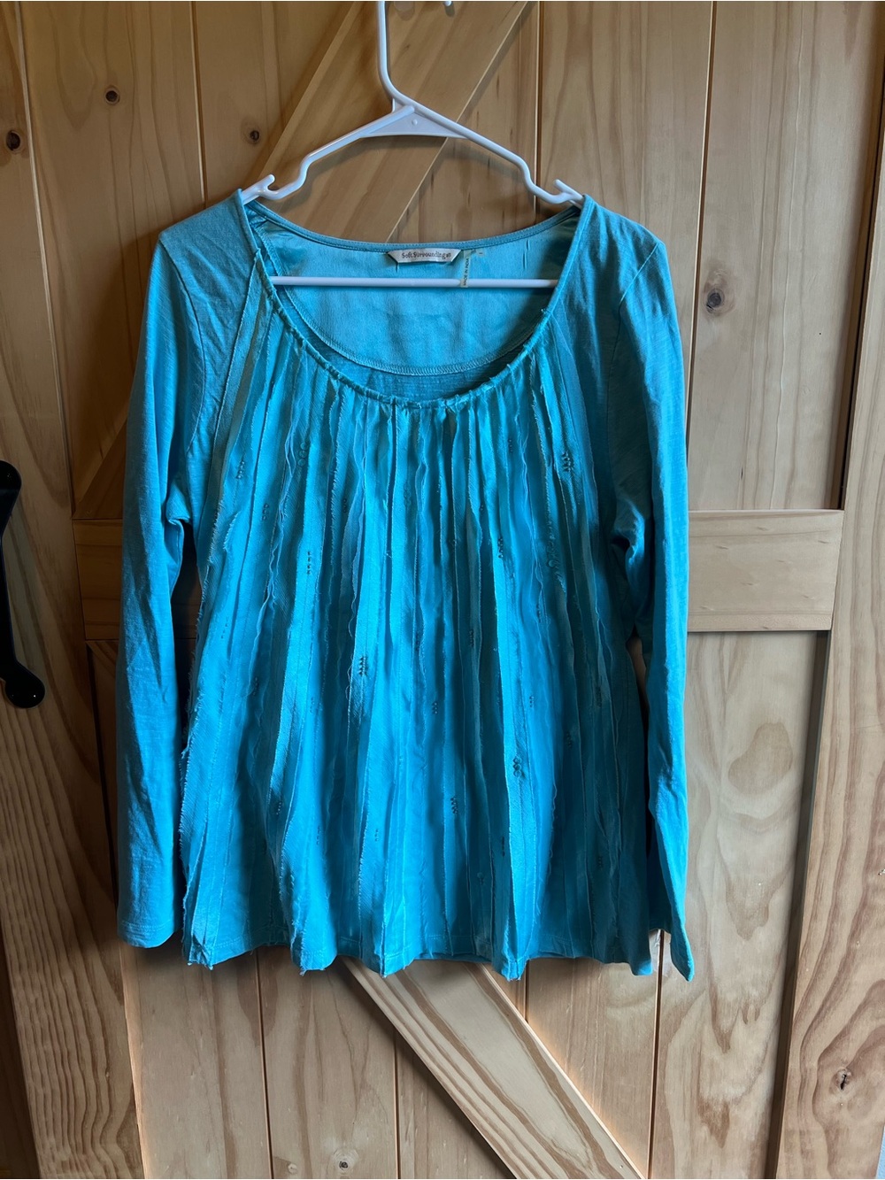 Soft Surroundings Teal Long-Sleeve Pin-Tuck Pleated Pacific Waves Scoop Neck Top